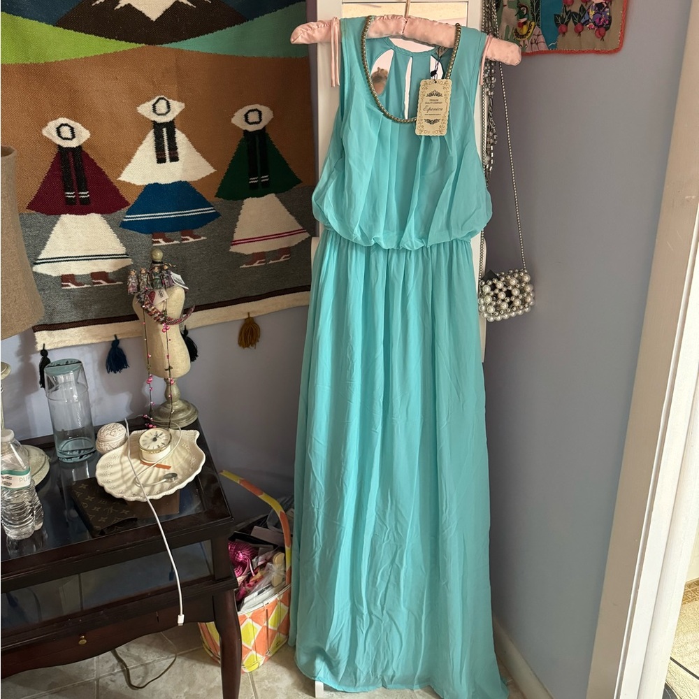 NWT Seafoam maxi dress elastic waist , metal decoration around neckline.